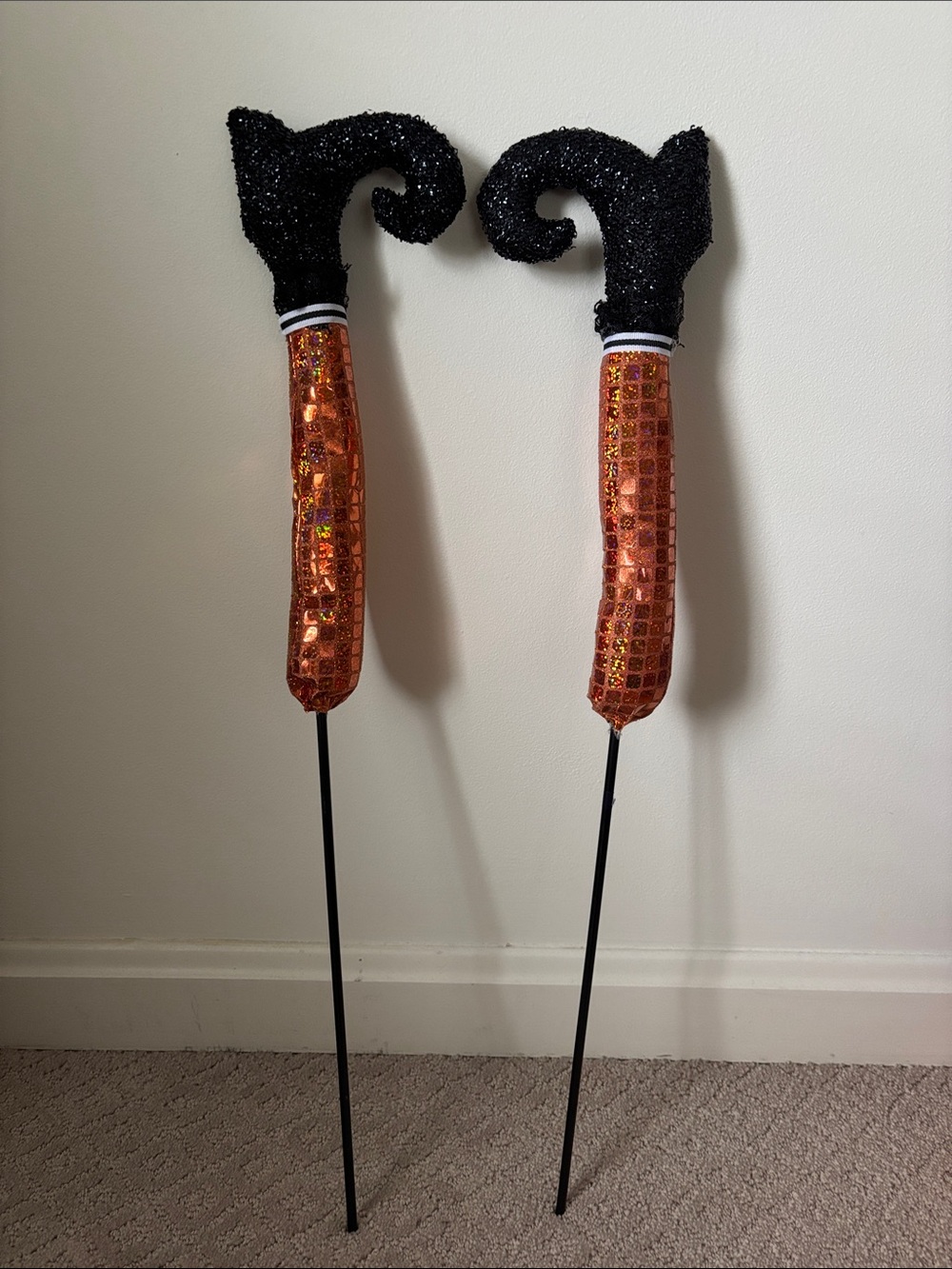 Festive Black and Orange Halloween Witch Legs Home Accent Stakes